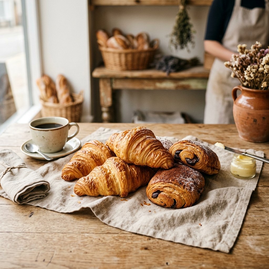 Stack of freshly baked flaky butter croissants
